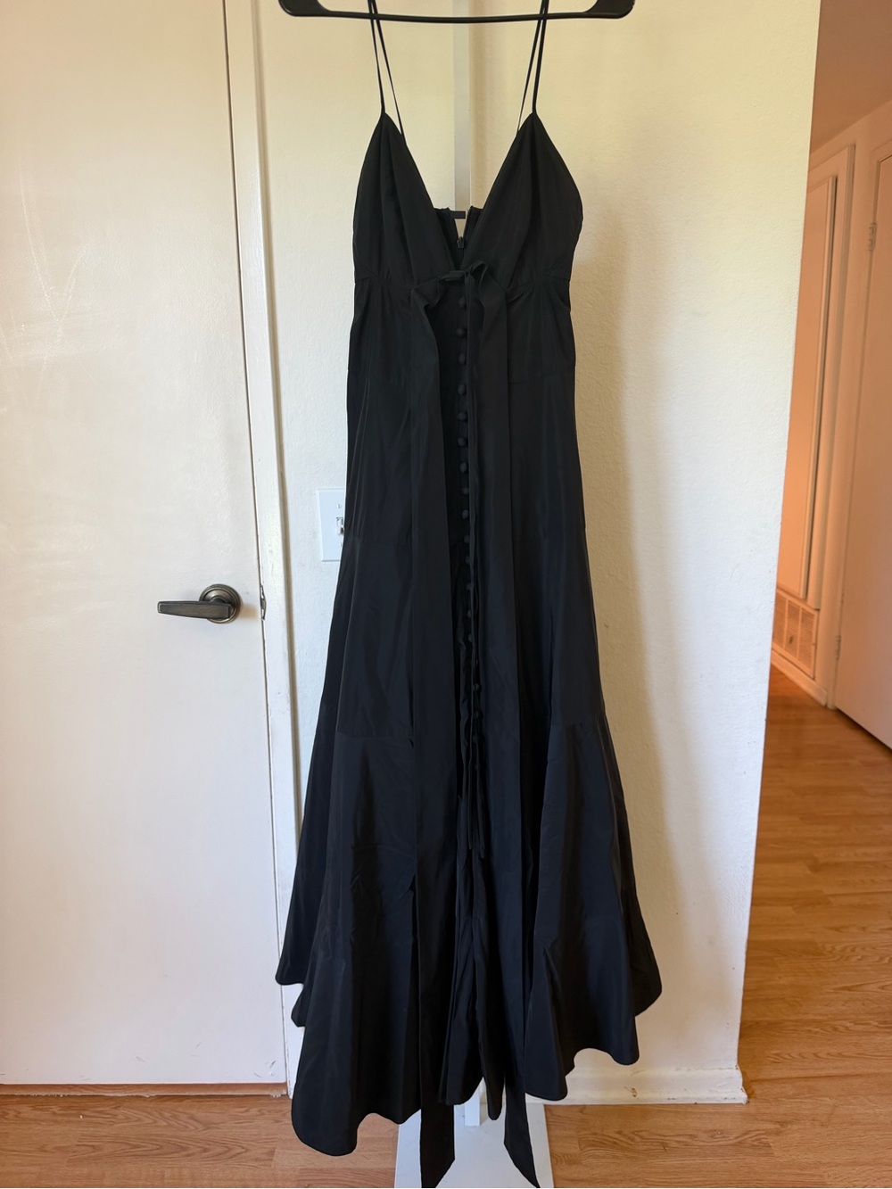 Black Spaghetti-Strap Maxi Dress with Front Tie and button down Detail